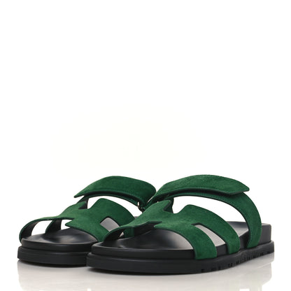 Hermes Suede Goatskin Womens Chypre Sandals 37.5 Vert Electrique 3 of 9