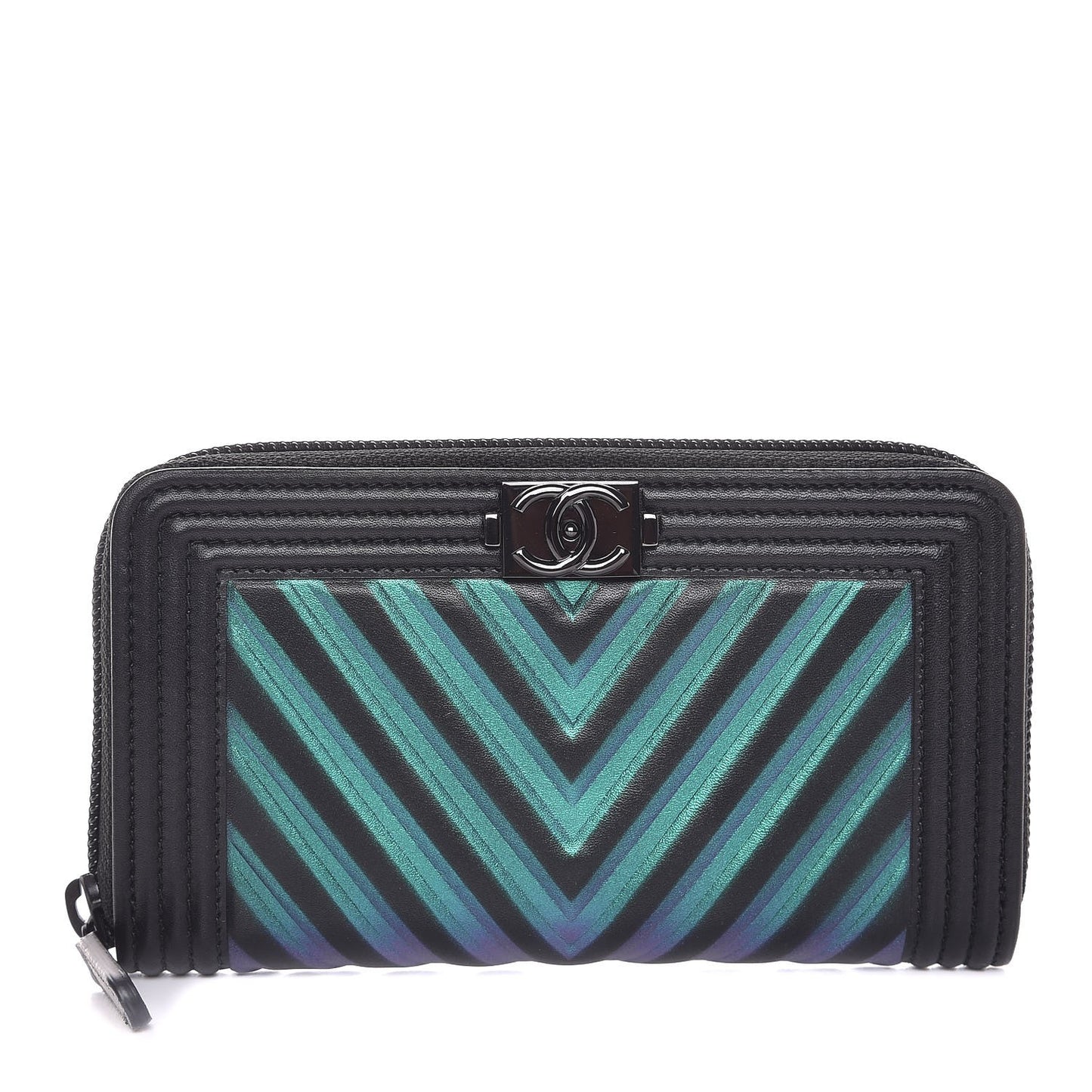 Calfskin Painted Chevron Embossed Small Boy Zip Wallet Black