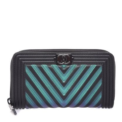 Chanel Calfskin Painted Chevron Embossed Small Boy Zip Wallet Black 1 of 9