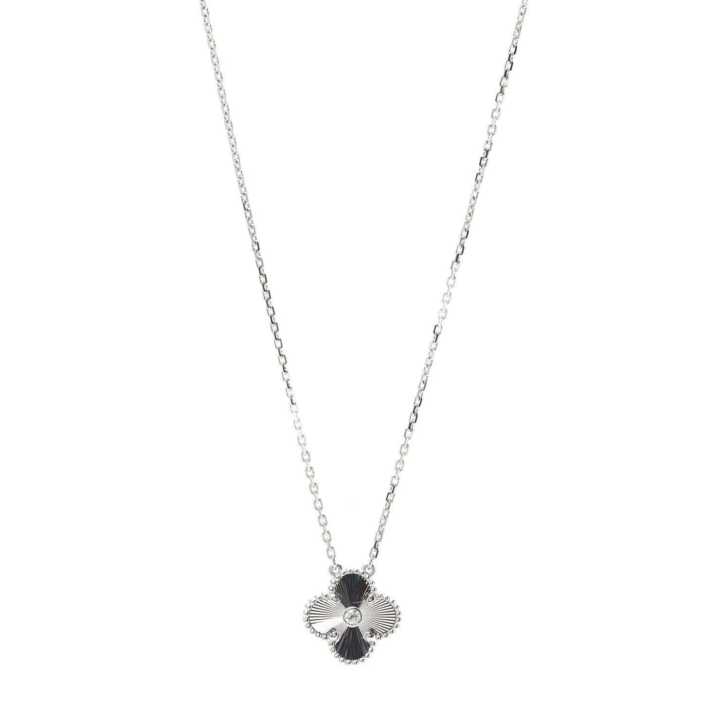 18K White Gold Diamond Guilloche Vintage Alhambra Pendant Necklace