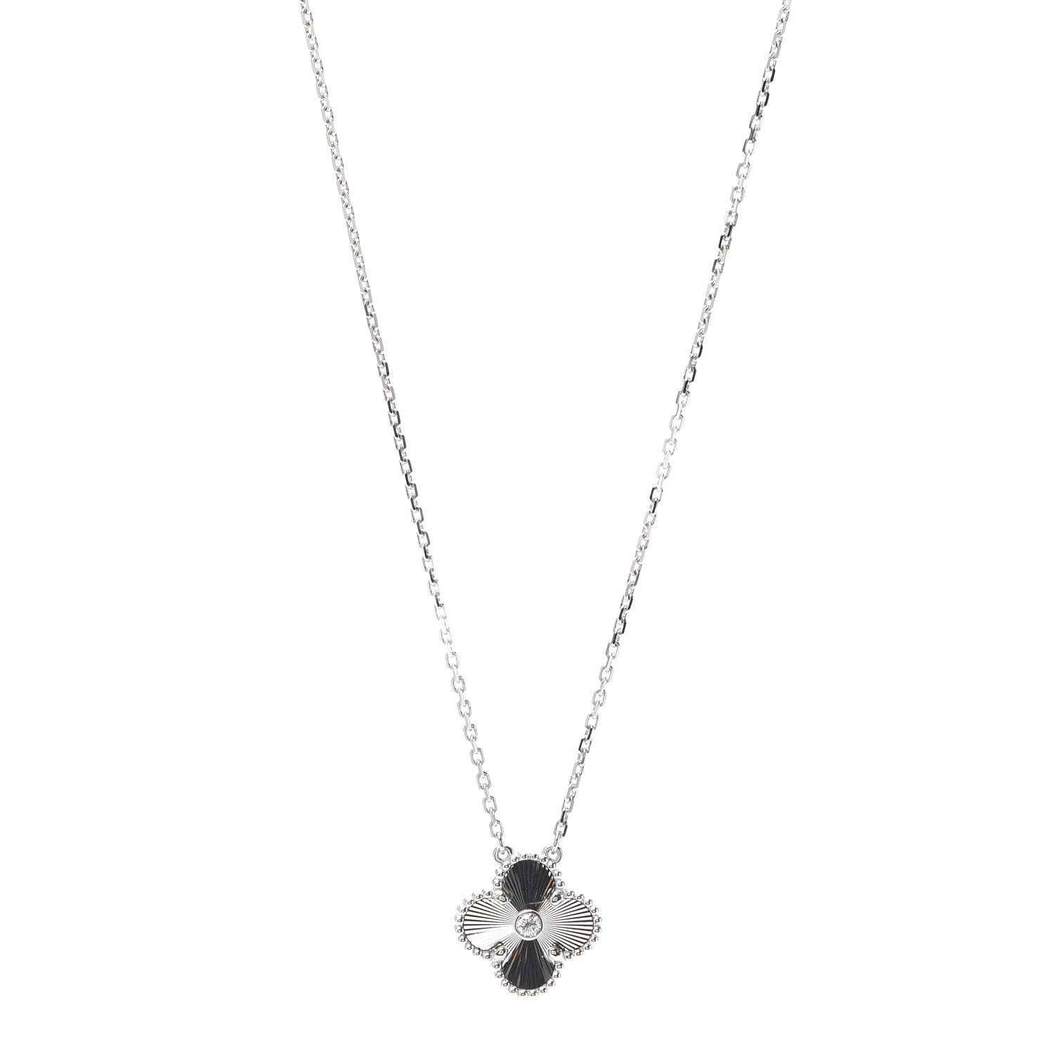 Van Cleef & Arpels 18K White Gold Diamond Guilloche Vintage Alhambra Pendant Necklace 1 of 8