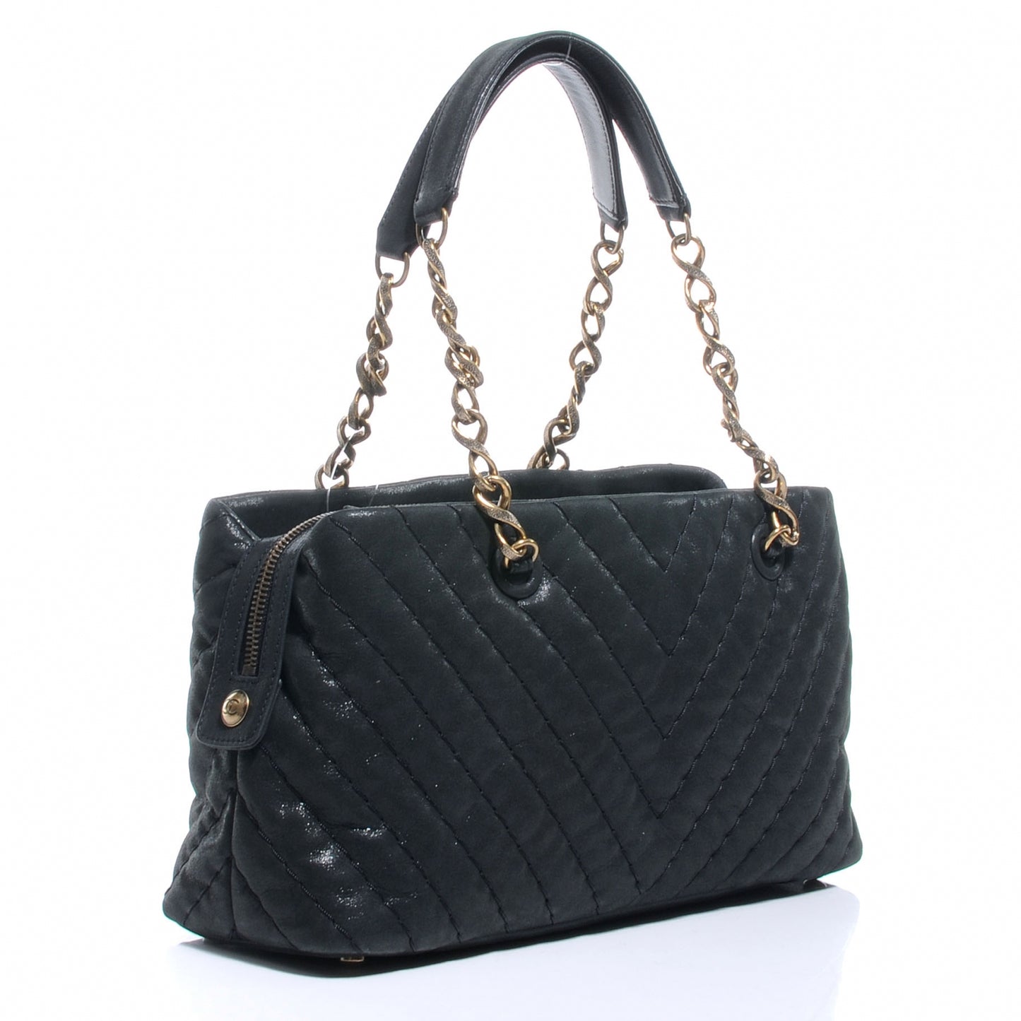 Iridescent Calfskin Surpique Chevron Small Tote Black