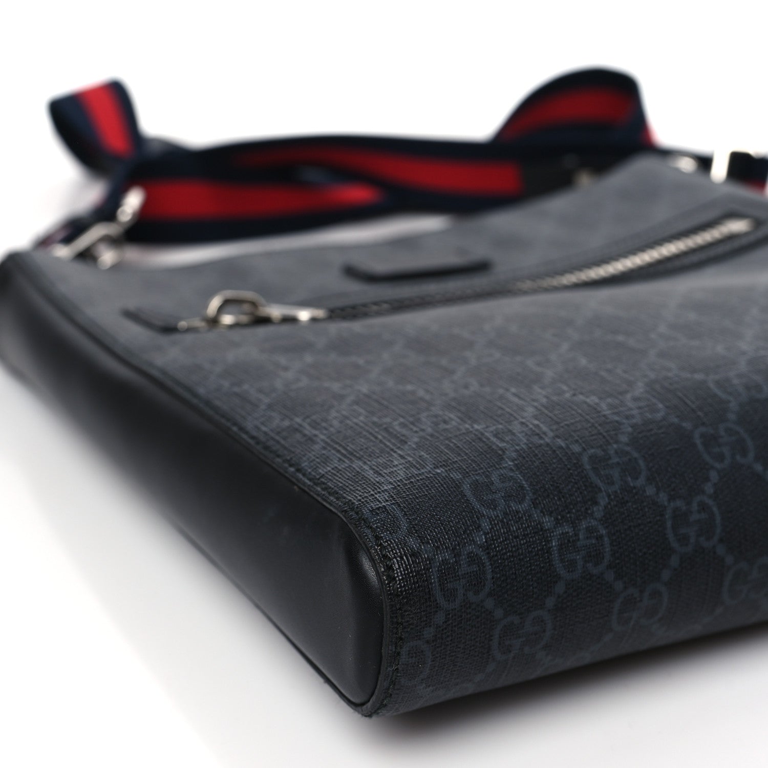 Gucci GG Supreme Monogram Appia Calfskin Web Flat Messenger Bag Black Grey 8 of 9