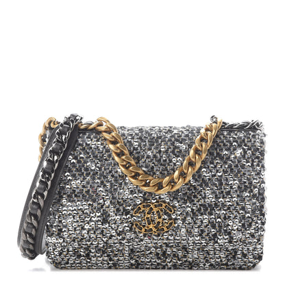 Chanel Sequin Quilted Chanel 19 Wallet On Chain WOC Silver 1 of 8