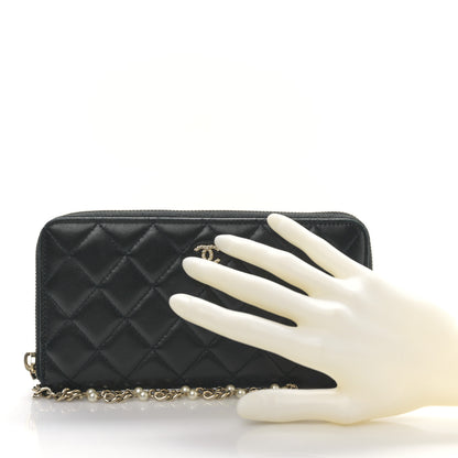 Chanel Lambskin Zip Around Large Gusset Wallet With Pearl Chain Black 2 of 11