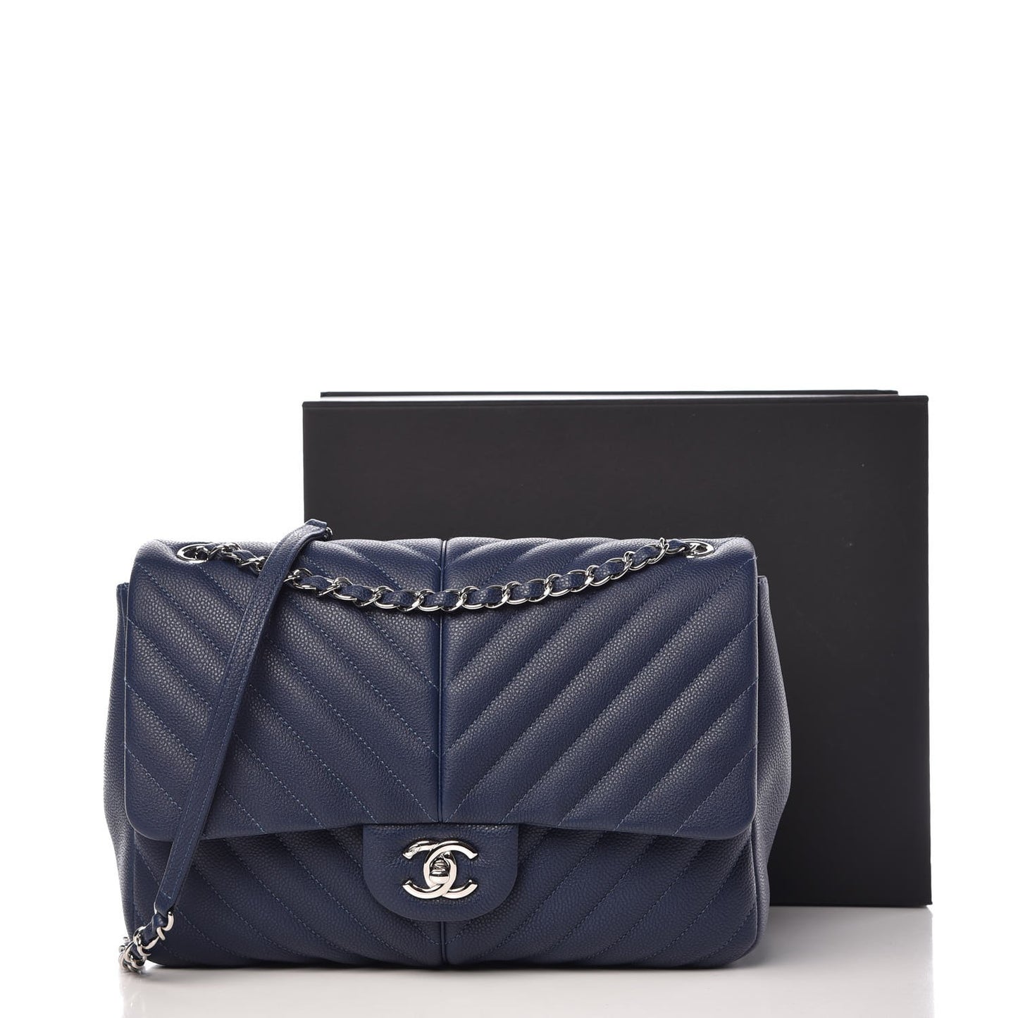 Caviar Chevron Quilted Large Puffy CC Flap Navy