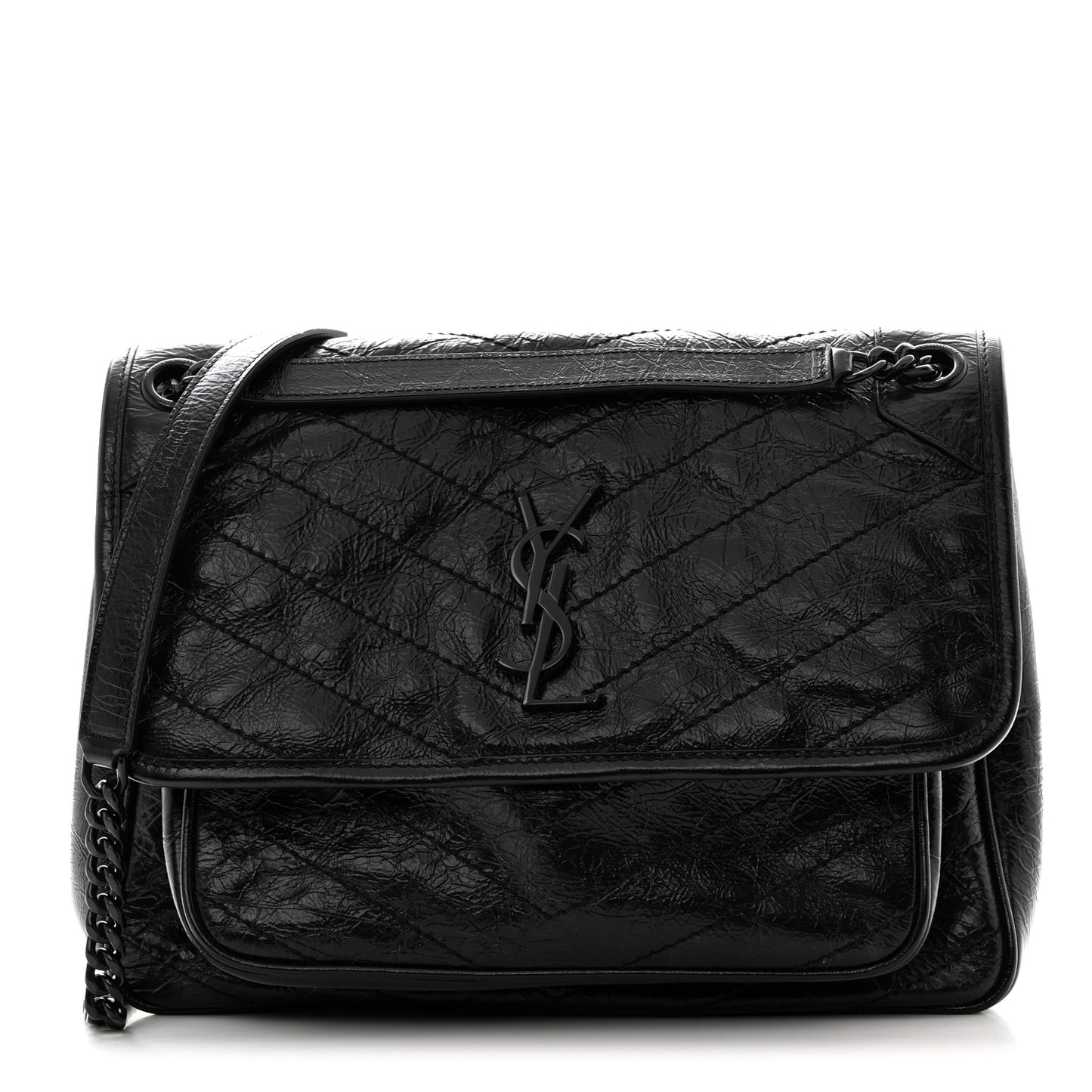 Crinkled Calfskin Matelasse Monogram Medium Niki Chain Satchel Black