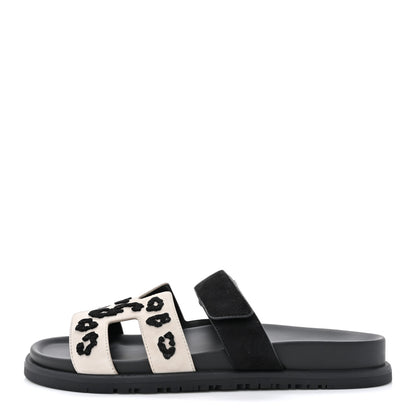 Hermes Suede Goatskin Womens Leopard Chypre Sandals 40 Beige Esquisse Black 1 of 9