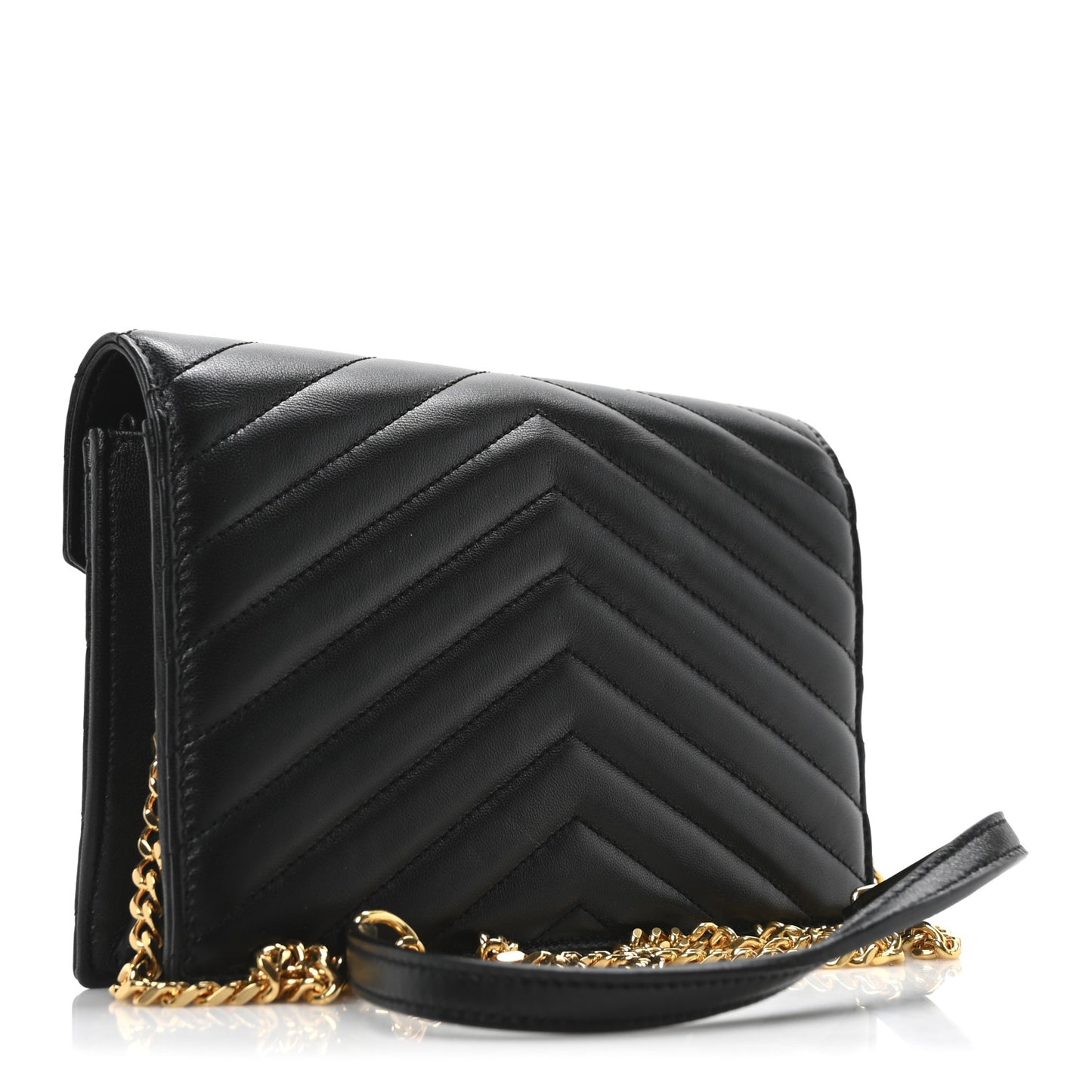 Calfskin Matelasse Chevron Monogram Envelope Chain Wallet Black