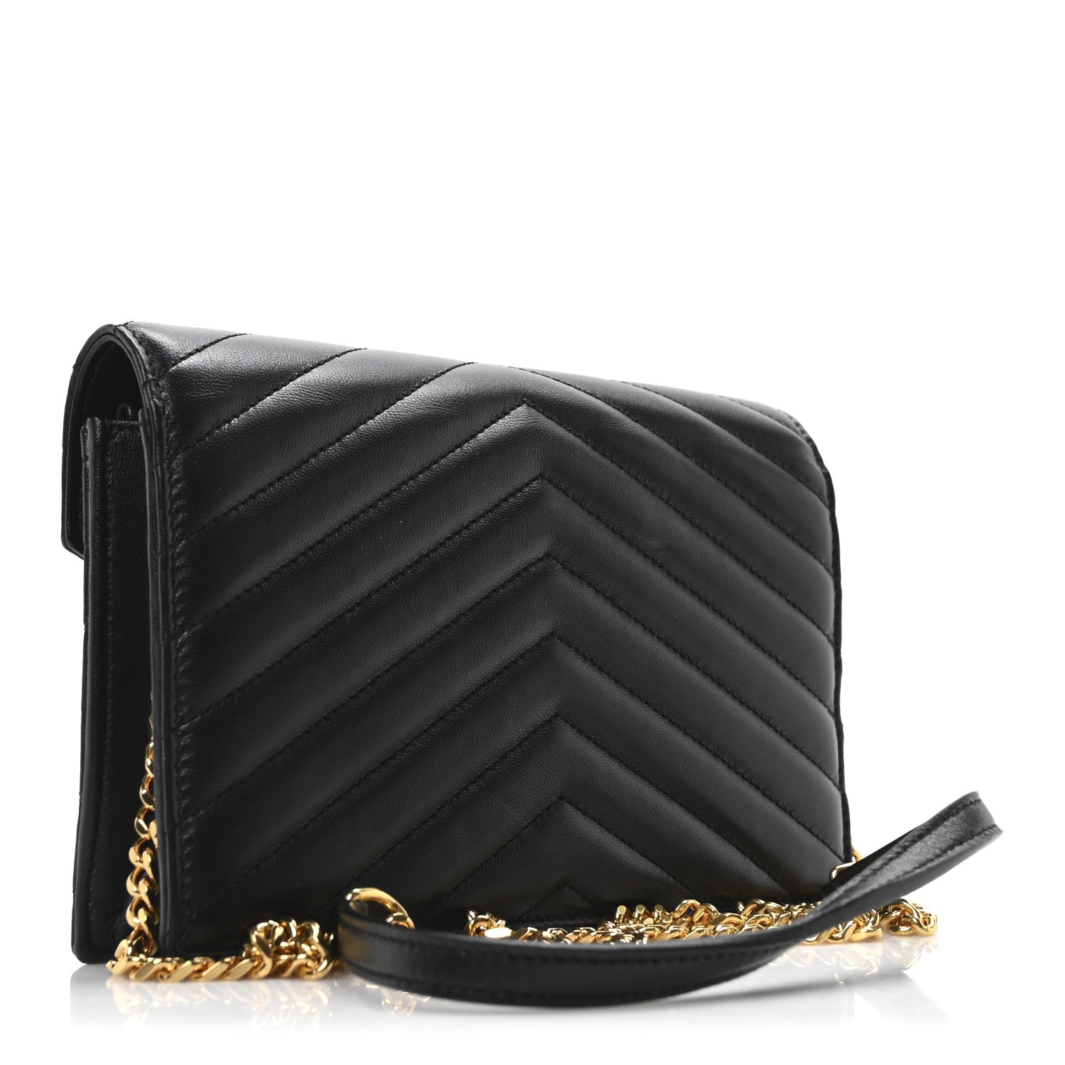 Saint Laurent Calfskin Matelasse Chevron Monogram Envelope Chain Wallet Black 3 of 10