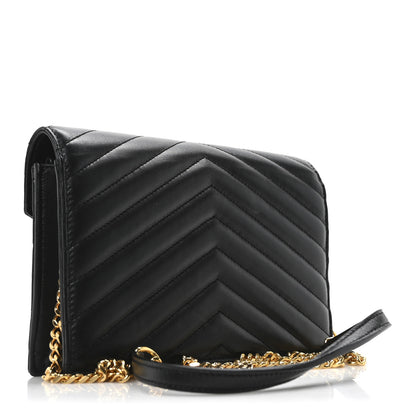 Saint Laurent Calfskin Matelasse Chevron Monogram Envelope Chain Wallet Black 3 of 10