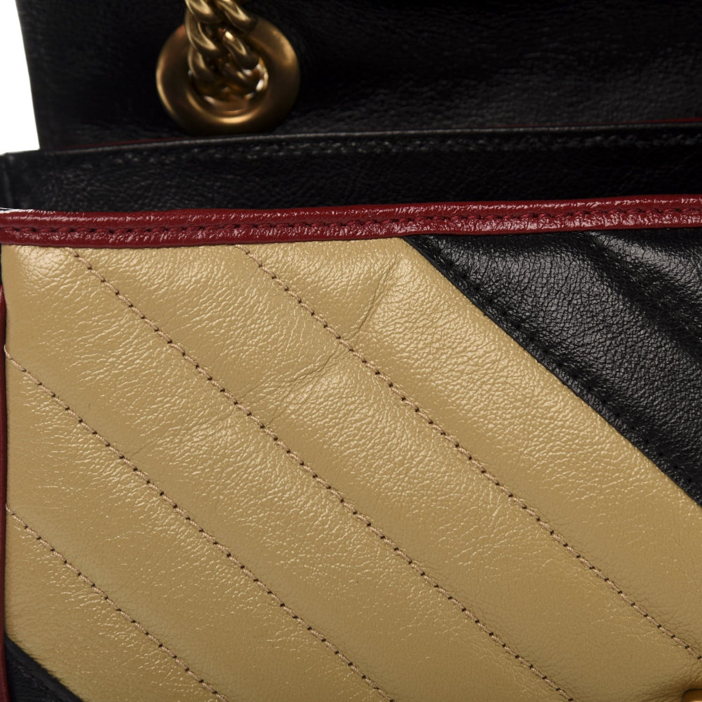 Vintage Effect Calfskin Matelasse Diagonal Striped Small Torchon GG Marmont Shoulder Bag Black Beige