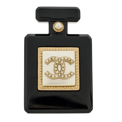 Chanel Resin Pearl Perfume Bottle CC Brooch Black Gold 1 of 3