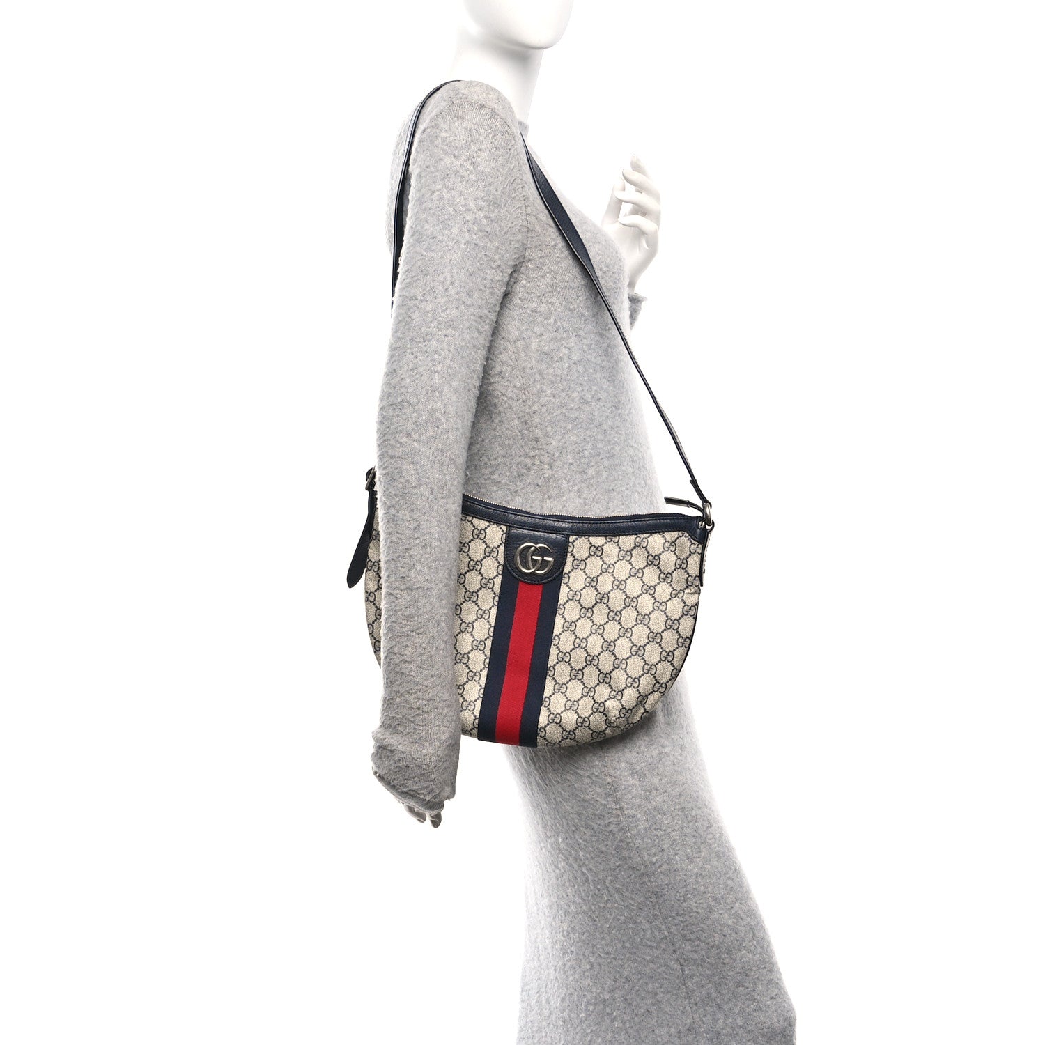 Gucci GG Supreme Monogram Textured Dollar Calfskin Web Small Ophidia Half Moon Hobo Beige Blue 2 of 10