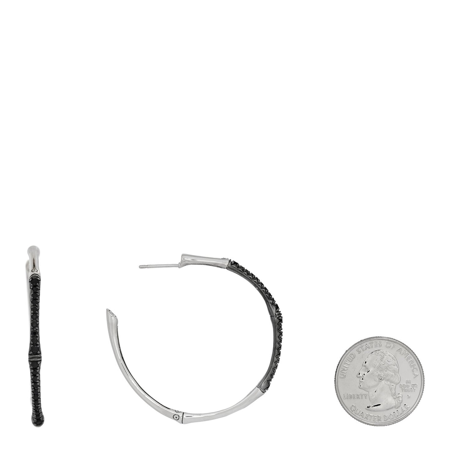 Sterling Silver Black Sapphire Large Bamboo Hoop Earrings