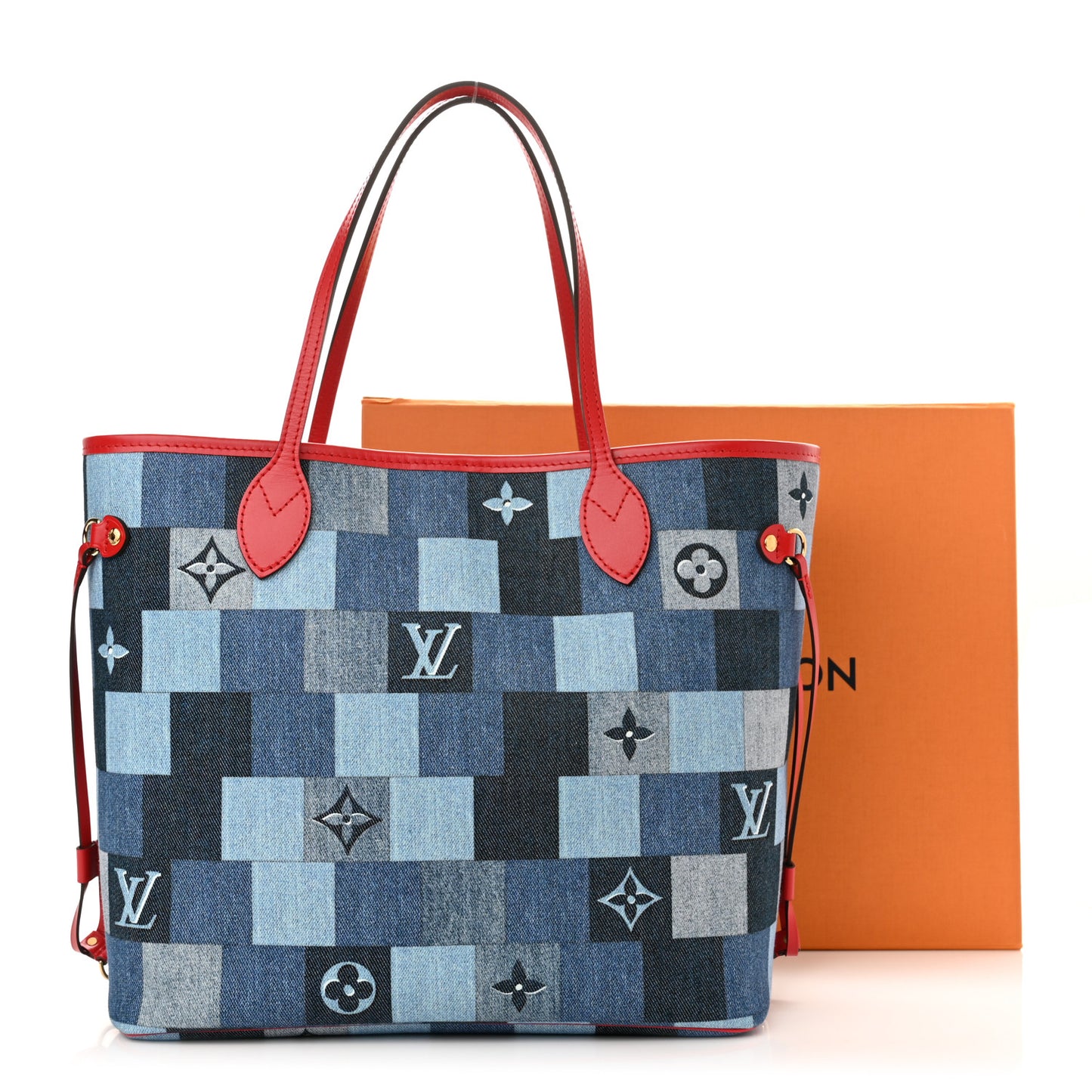Denim Damier Monogram Patchwork Neverfull Blue Rouge