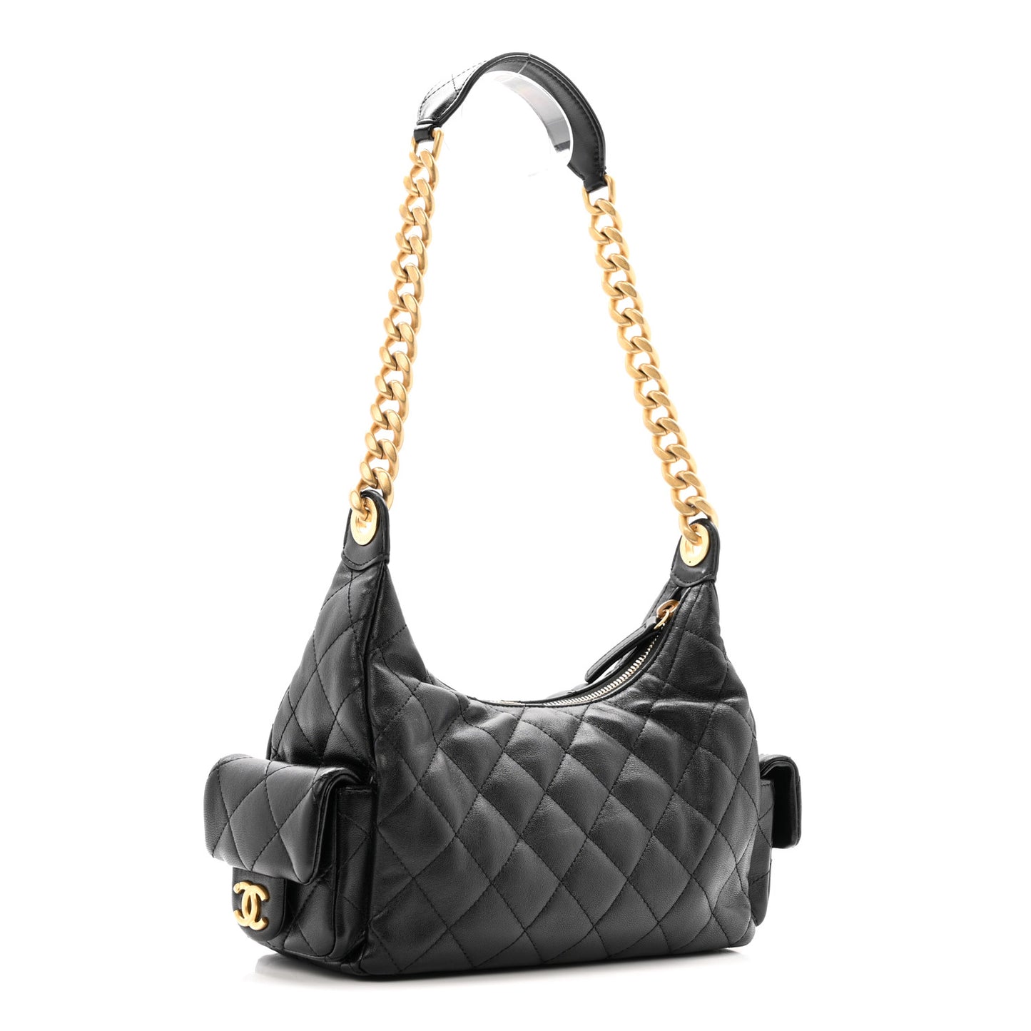 Shiny Lambskin Quilted Trendy Pockets Hobo Black
