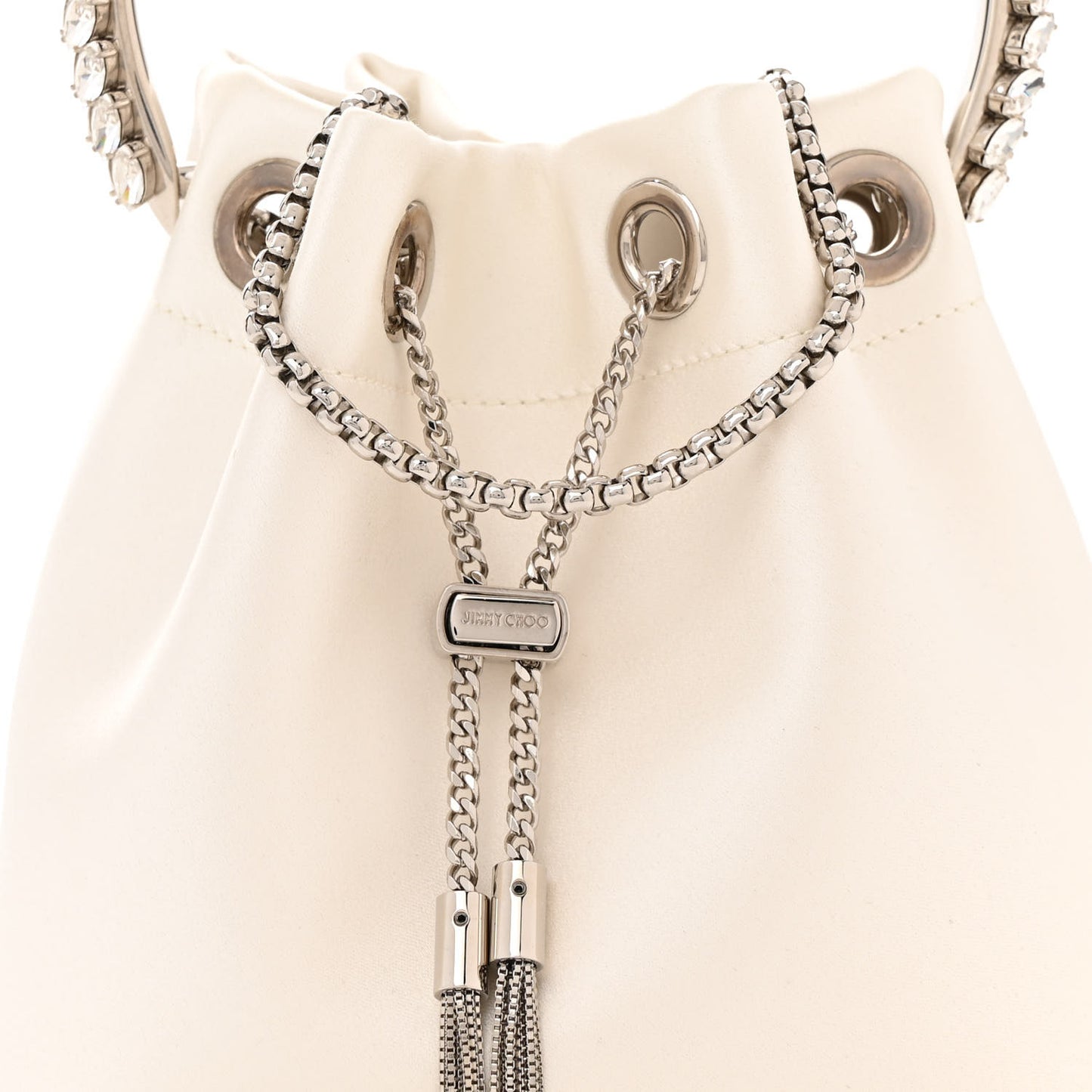 Satin Crystal Embellished Top Handle Bon Bon Bag Ivory