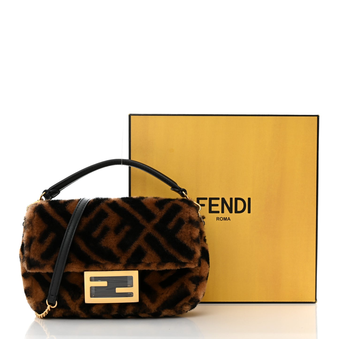 Shearling Vitello Dolce Macro FF 1974 Mini Baguette Tobacco Black