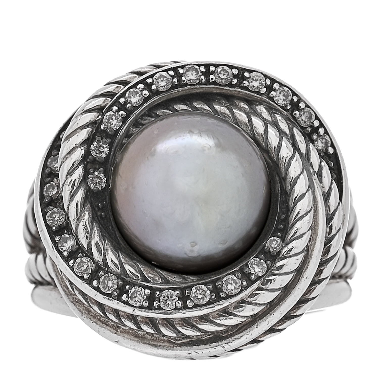David Yurman Sterling Silver Diamond Pearl 10mm Crossover Ring 52 6 1 of 5