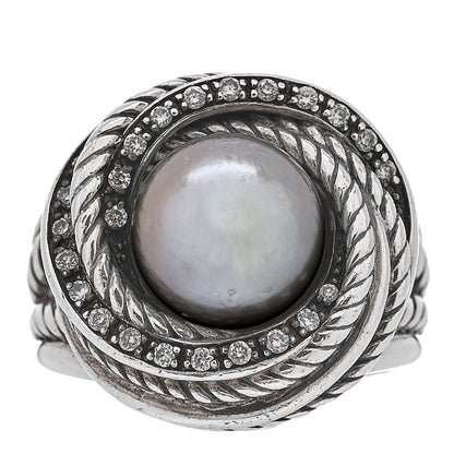 David Yurman Sterling Silver Diamond Pearl 10mm Crossover Ring 52 6 1 of 5