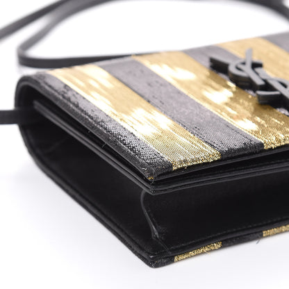 Saint Laurent Metallic Calfskin Striped Small Monogram Kate Satchel Black Gold 7 of 13