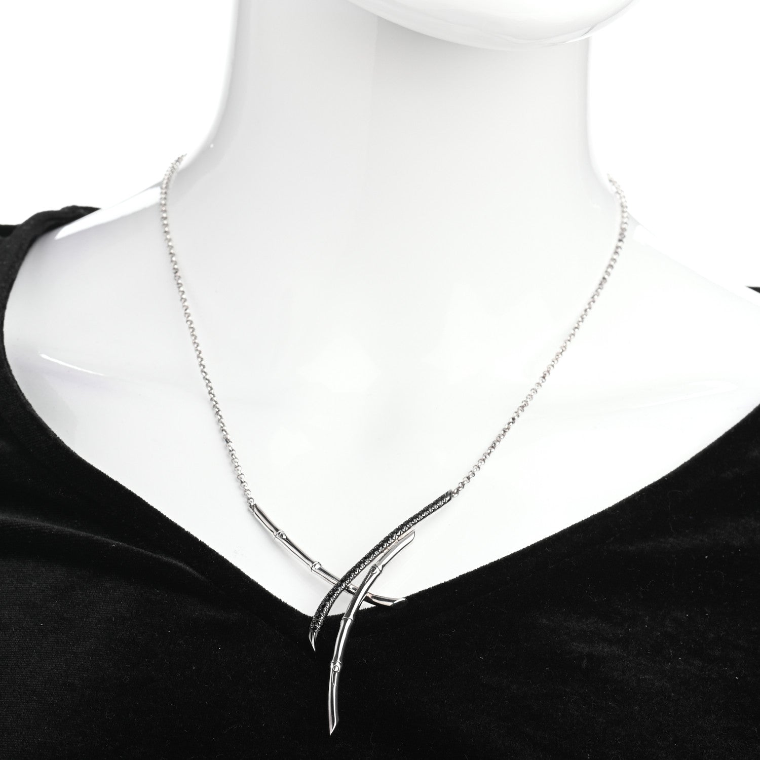 John Hardy Sterling Silver Black Sapphire Spinel Bamboo Overlapping Branch Pendant Necklace 2 of 5