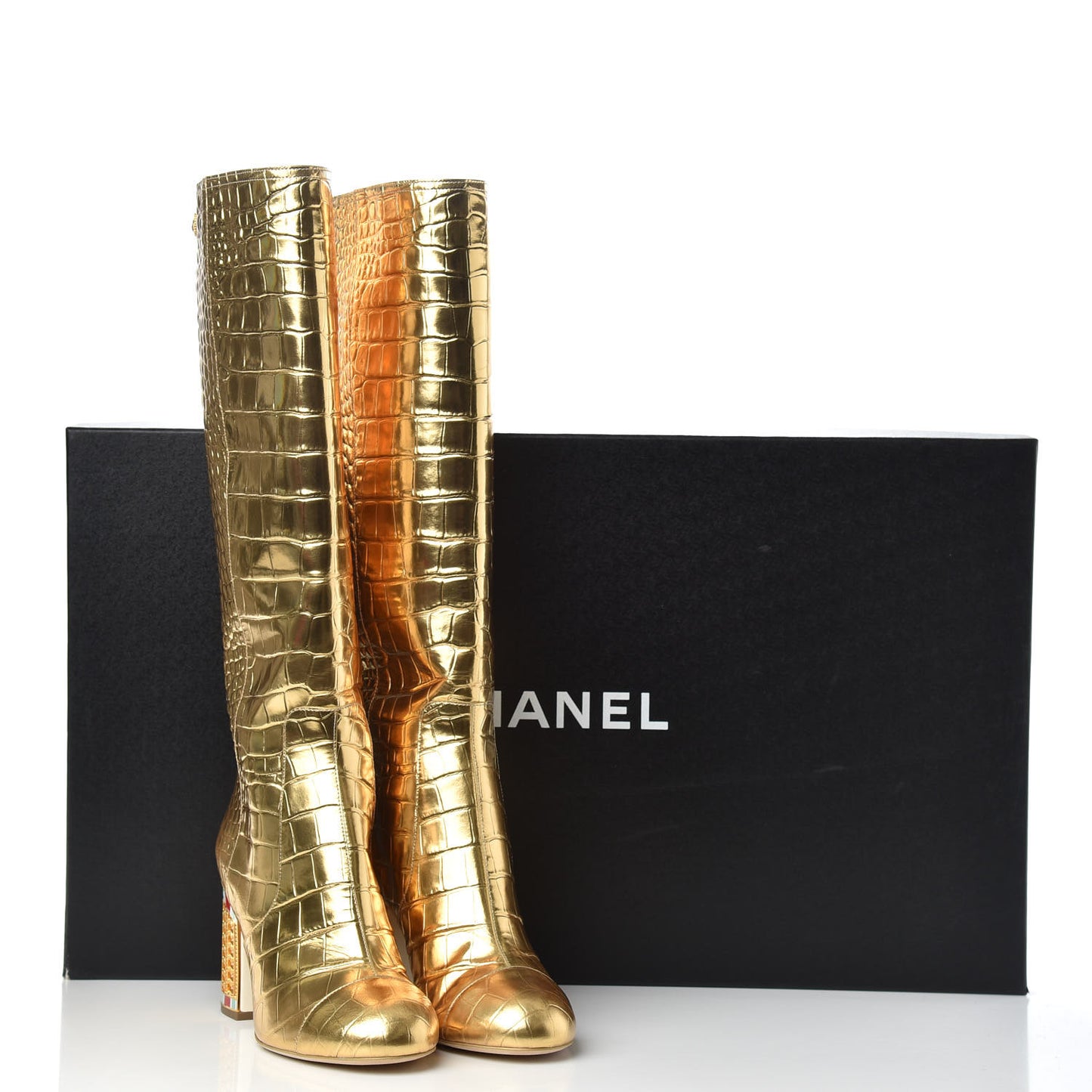 Calfskin Crocodile Embossed Cap Toe High Boots 38 Gold