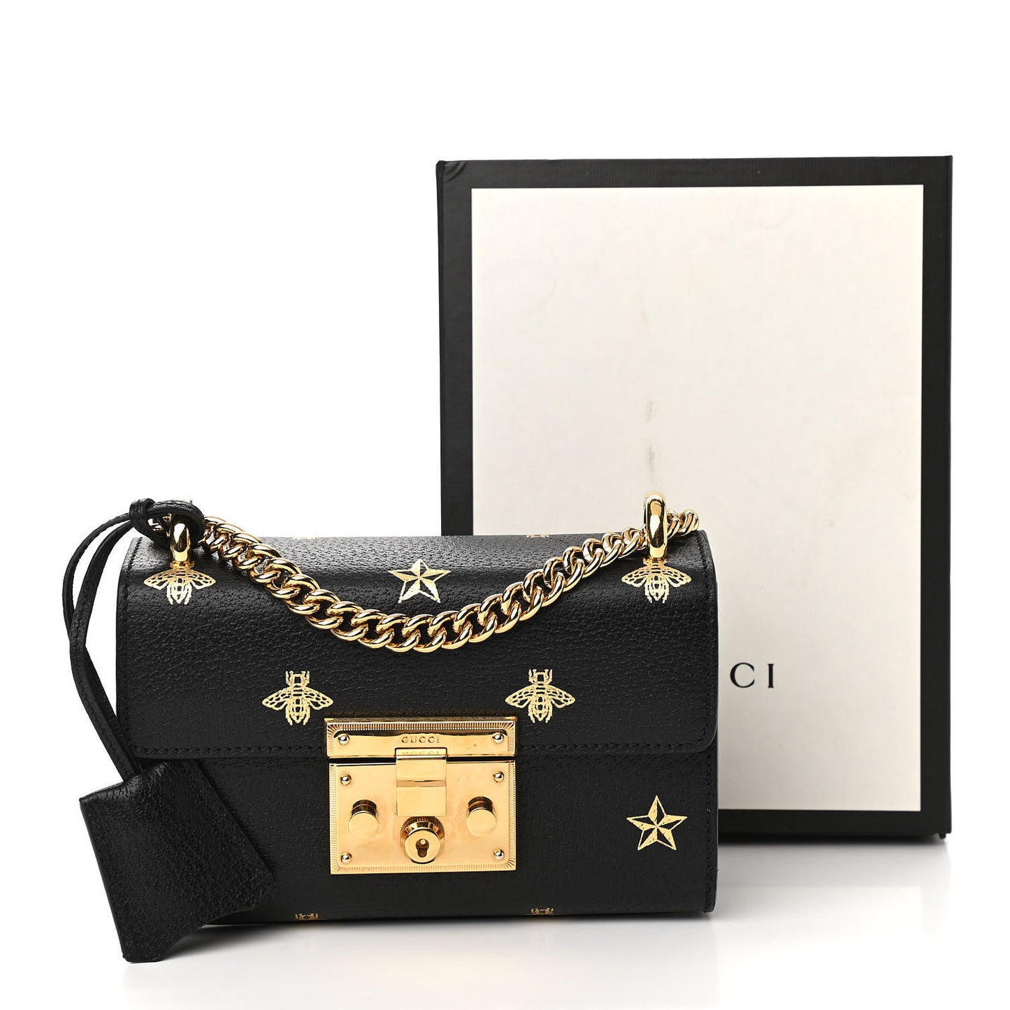 Grained Calfskin Bee Star Small Padlock Shoulder Bag Black