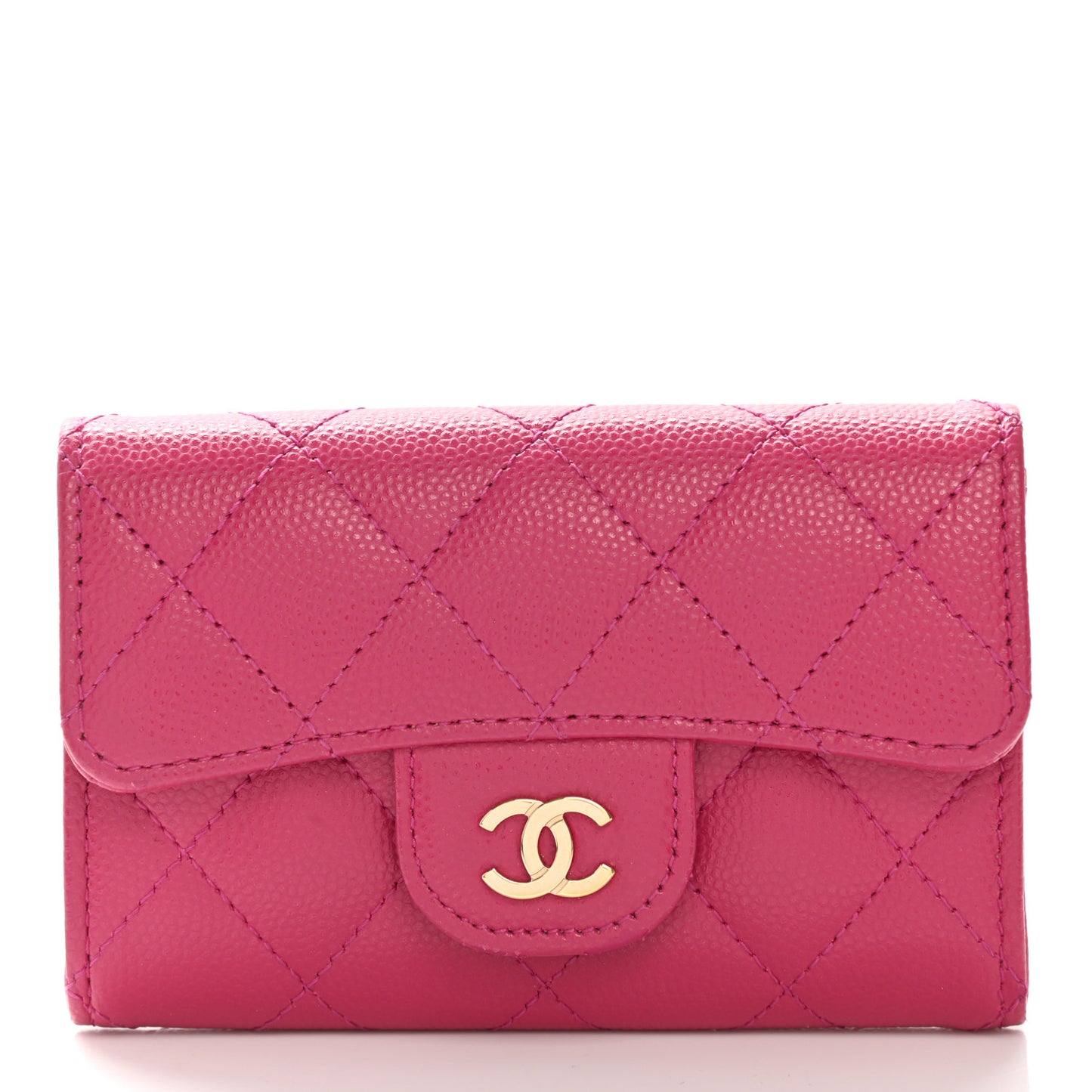 Caviar Quilted Flap Card Holder Wallet Fuchsia