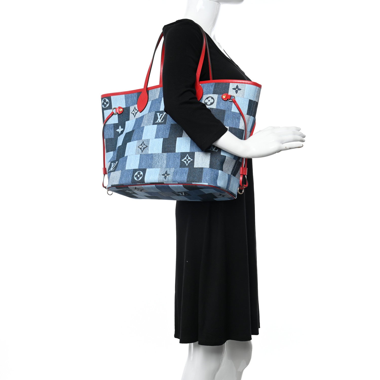 Louis Vuitton Denim Damier Monogram Patchwork Neverfull Blue Rouge 2 of 14