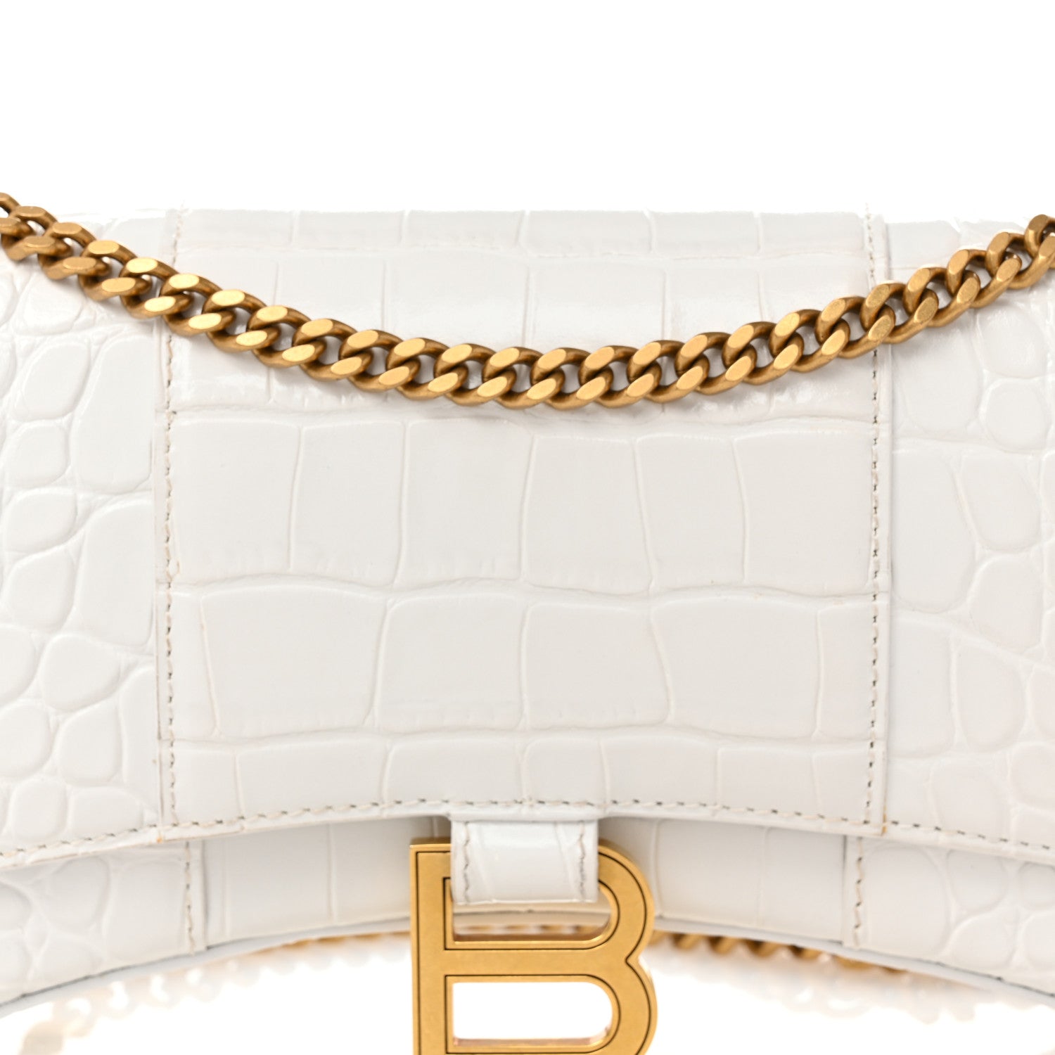 Balenciaga Shiny Calfskin Crocodile Embossed Hourglass Chain Bag White 7 of 10