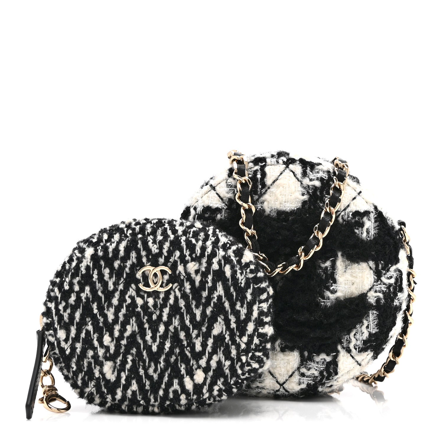 Chanel Wool Tweed Lambskin Quilted Round Clutch With Chain and Coin Purse Black White 3 of 11