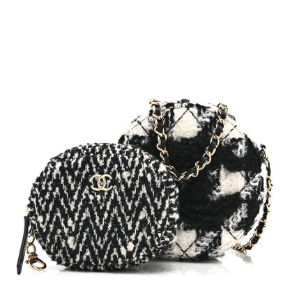 Chanel Wool Tweed Lambskin Quilted Round Clutch With Chain and Coin Purse Black White 3 of 11