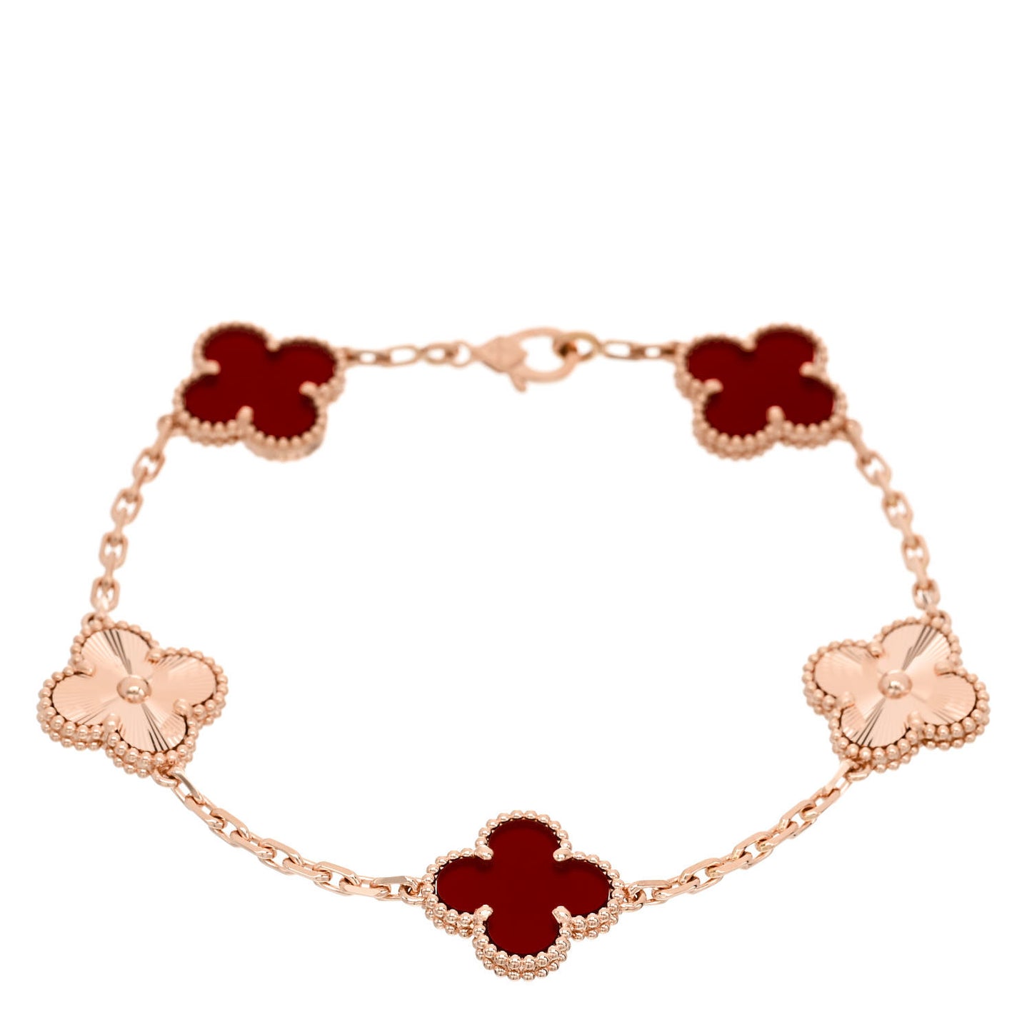 18K Rose Gold Carnelian 5 Motifs Guilloche Vintage Alhambra Bracelet