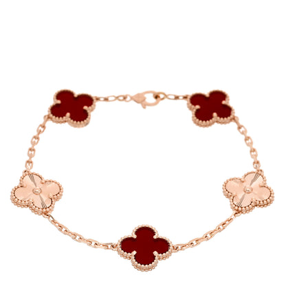 Van Cleef & Arpels 18K Rose Gold Carnelian 5 Motifs Guilloche Vintage Alhambra Bracelet 1 of 5