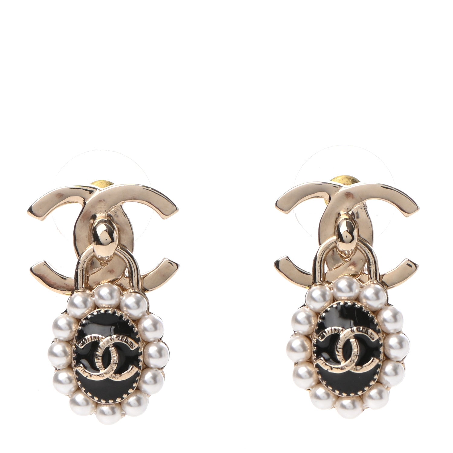 Chanel Pearl Enamel CC Turnlock Oval Earrings Gold Black 1 of 4