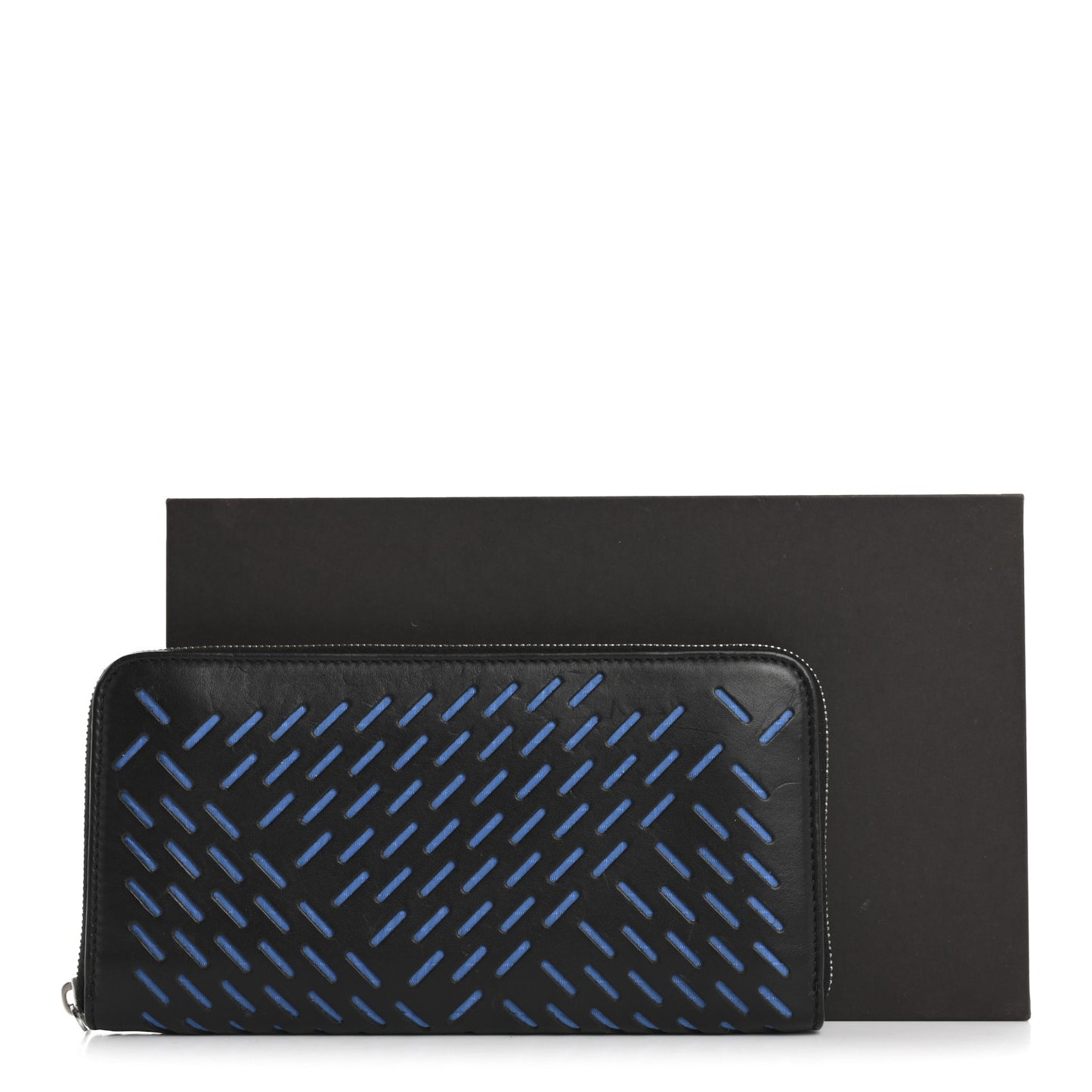 Calfskin Perforated Zip Around Wallet Blue Black