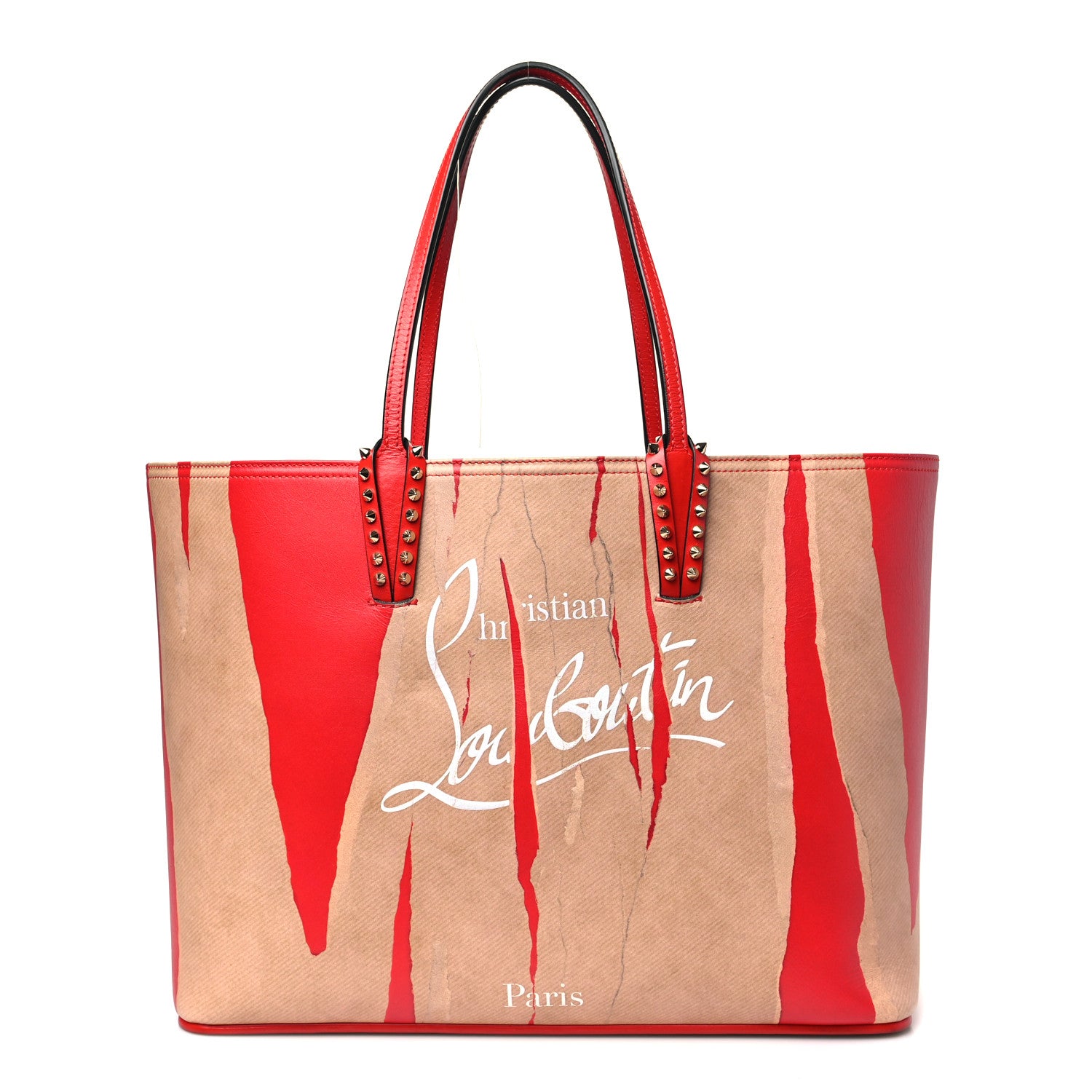 Christian Louboutin Calfskin Spikes Loubi Print East West Cabata Tote Kraft Red 1 of 11