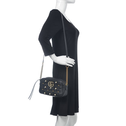 Gucci Calfskin Matelasse Studded Small Pearly GG Marmont Chain Shoulder Bag Black 2 of 10