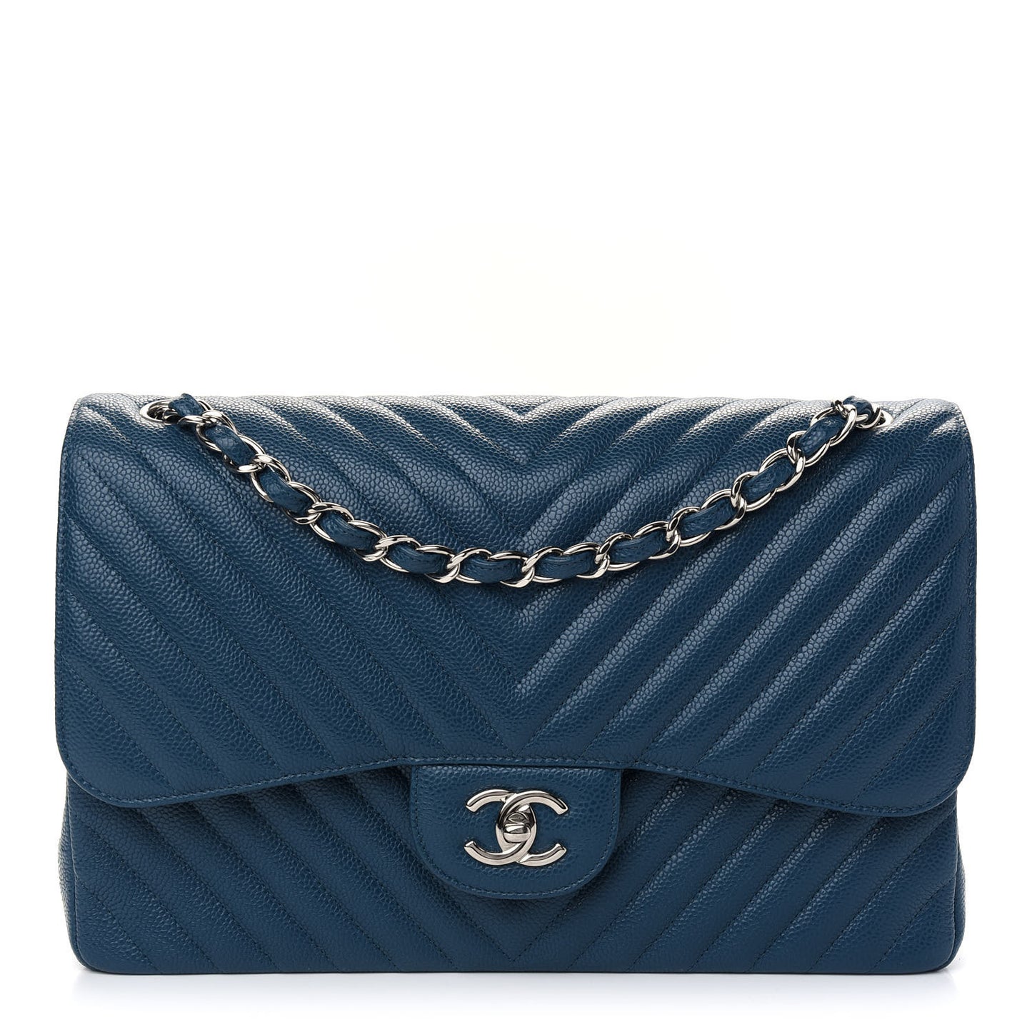 Caviar Chevron Quilted Jumbo Double Flap Blue