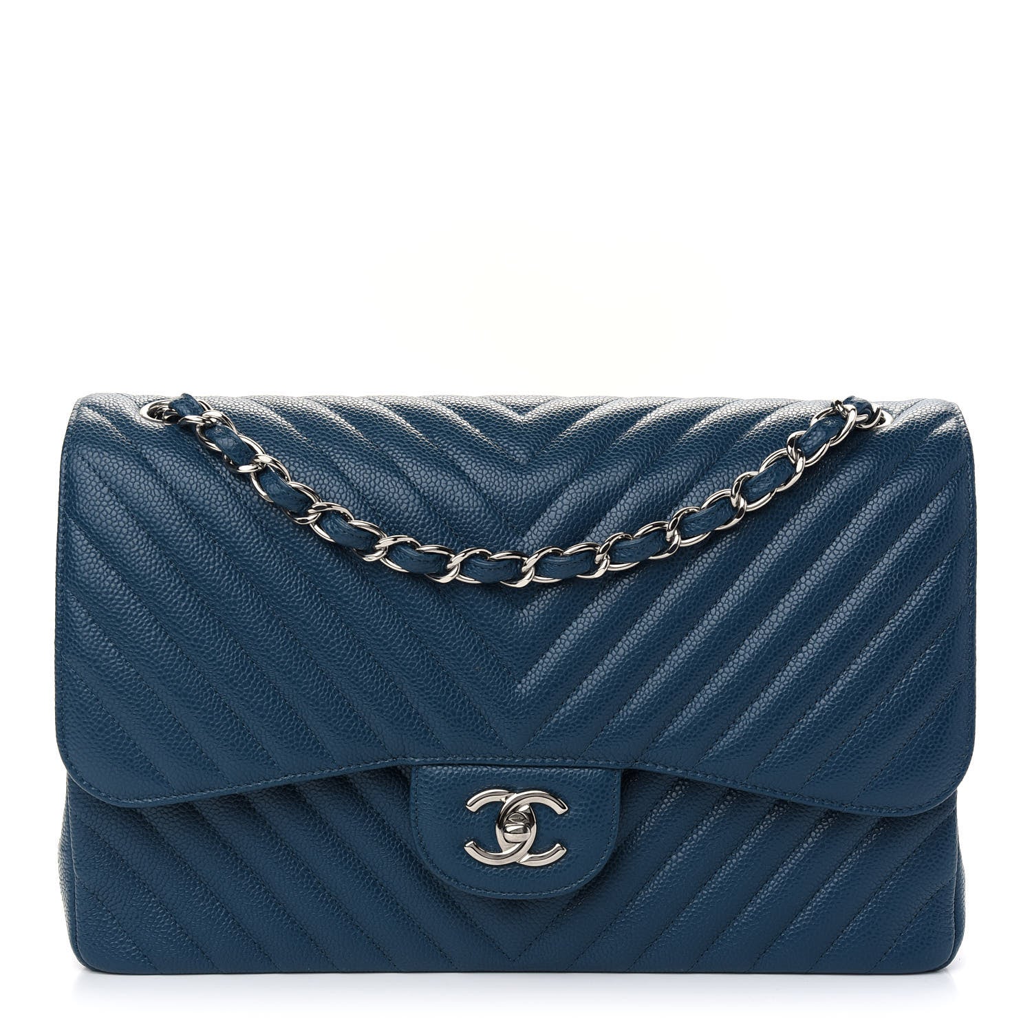 Chanel Caviar Chevron Quilted Jumbo Double Flap Blue 1 of 9