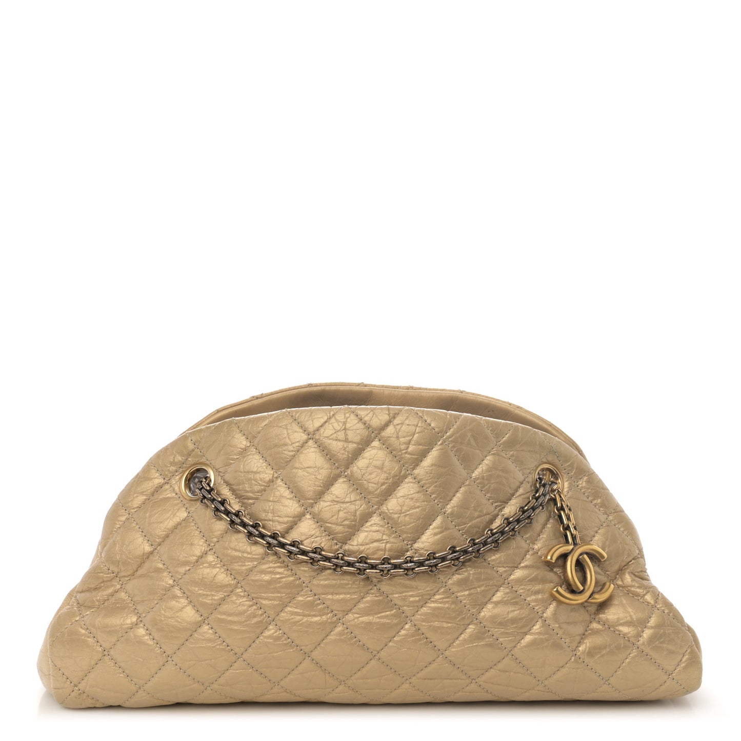 Metallic Aged Calfskin Quilted Medium Just Mademoiselle Bowling Bag Gold