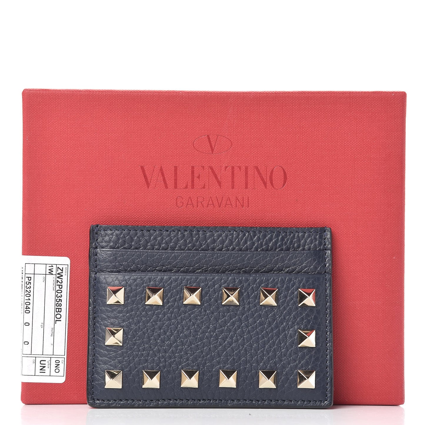 Pebbled Calfskin Rockstud Card Holder Dark Blue
