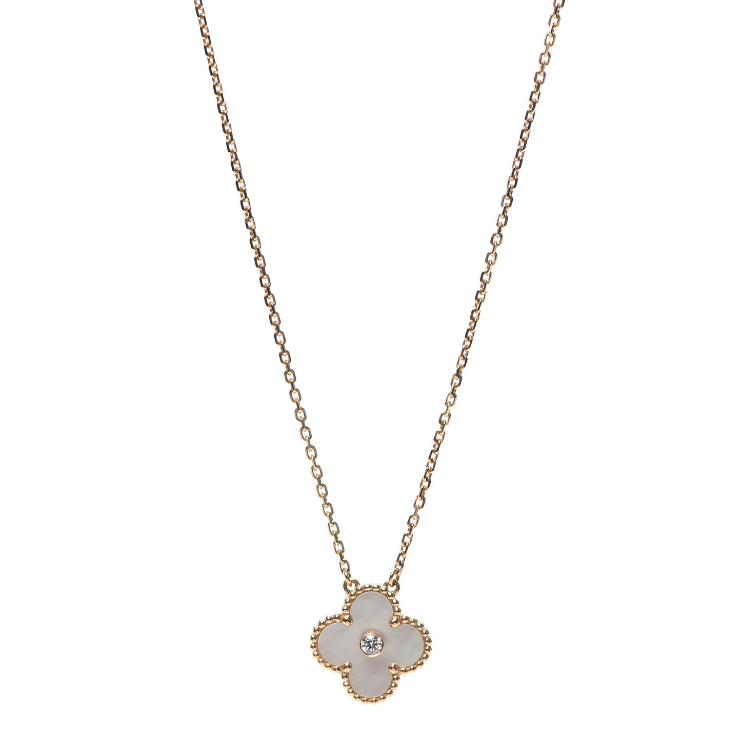 18K Rose Gold Diamond Mother of Pearl Vintage Alhambra Pendant Necklace