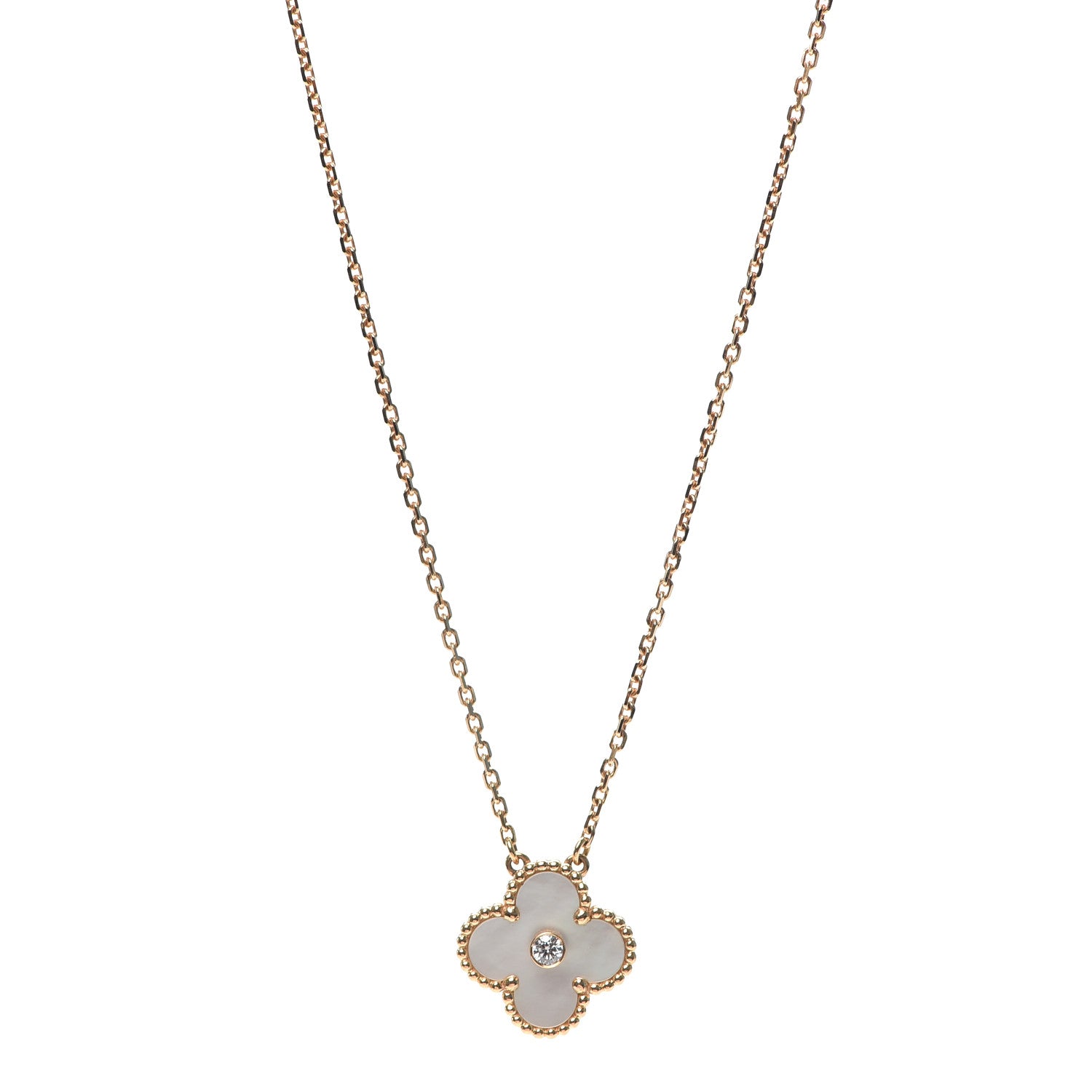 Van Cleef & Arpels 18K Rose Gold Diamond Mother of Pearl Vintage Alhambra Pendant Necklace 1 of 7