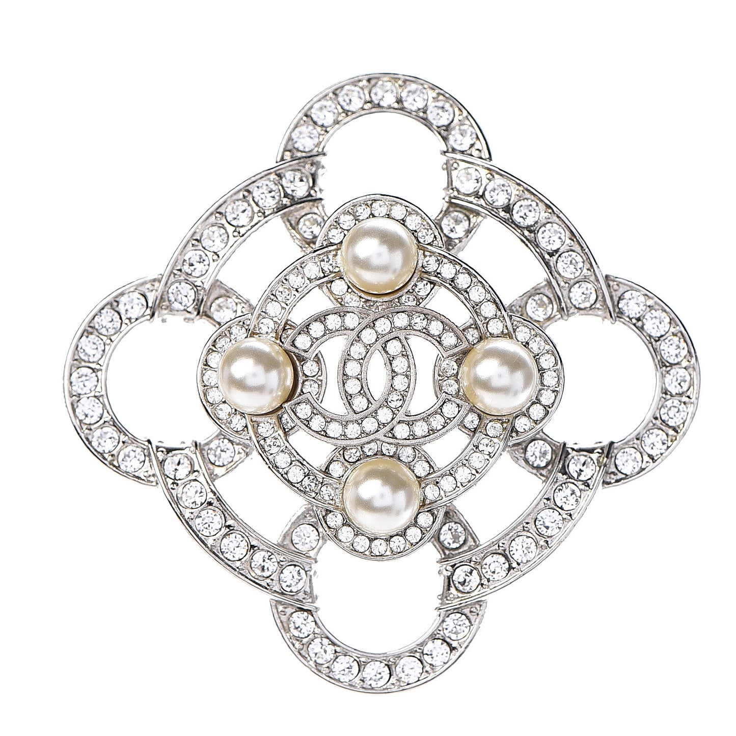 Pearl Crystal CC Brooch Silver