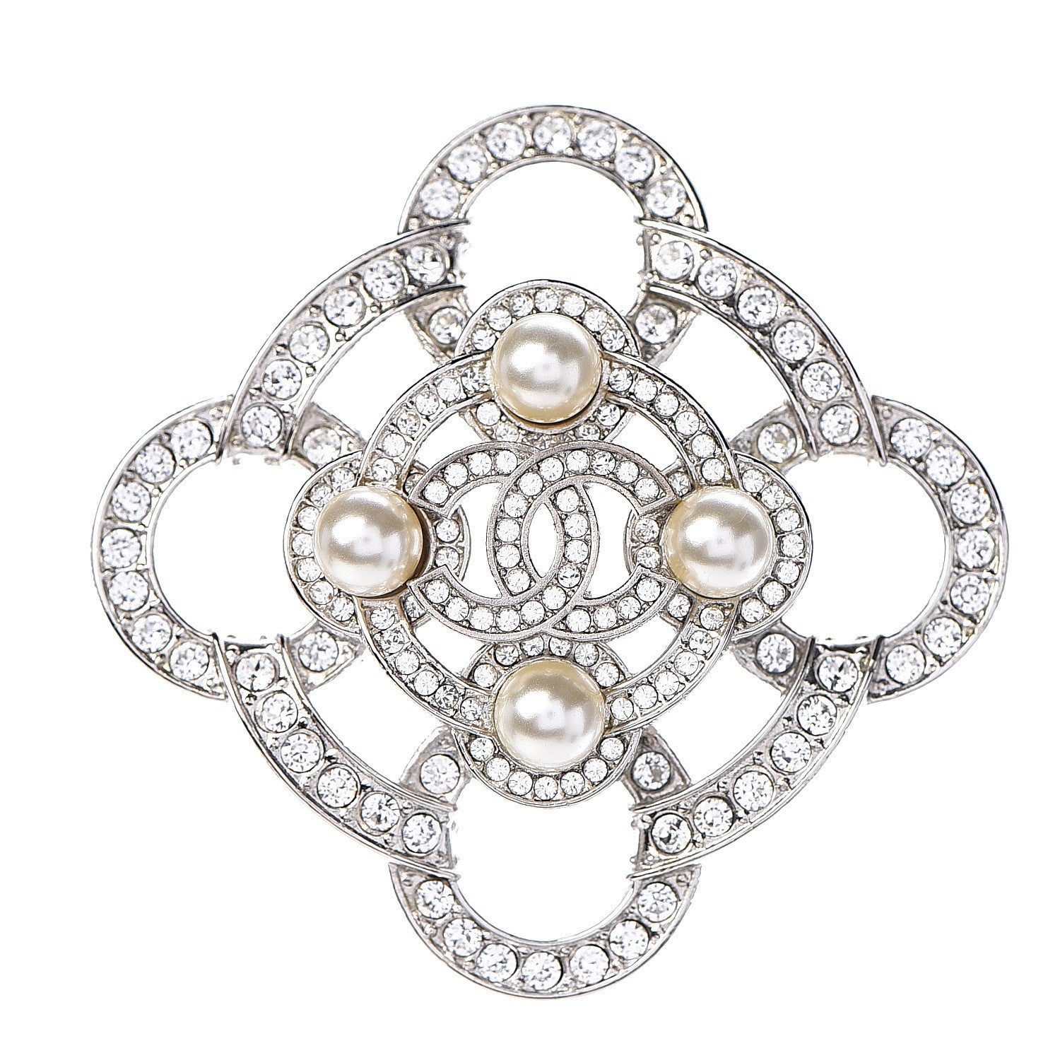 Chanel Pearl Crystal CC Brooch Silver 1 of 4