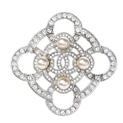 Chanel Pearl Crystal CC Brooch Silver 1 of 4