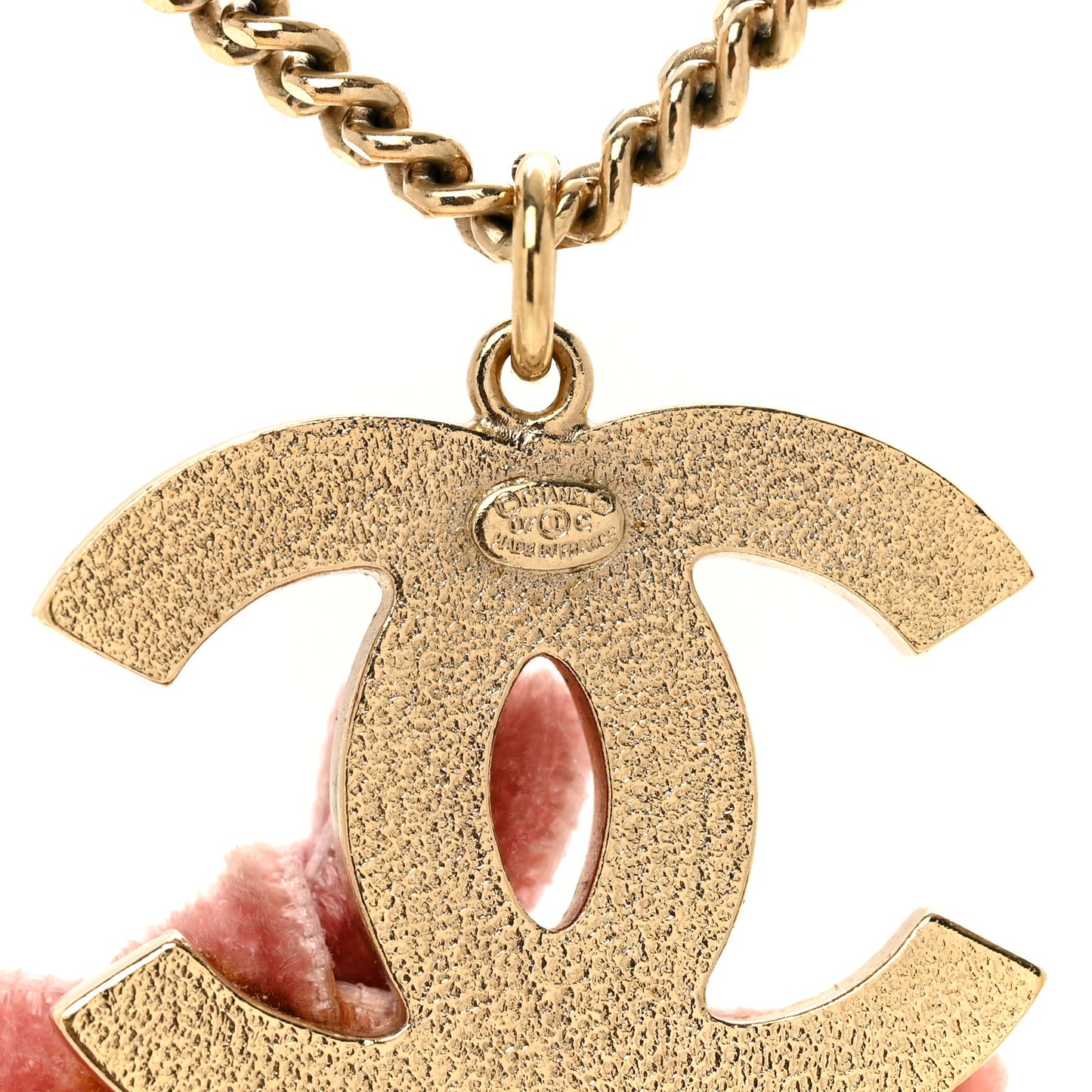 Metal Enamel Velvet CC Bow Necklace Gold Pink